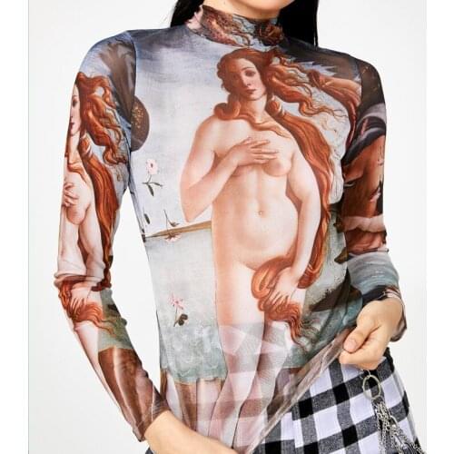 Flectit Birth Of Venus Mesh Long Sleeve Top Vintage Painting Print Mock Neck T-Shirt Women Young Girls Harajuku Style