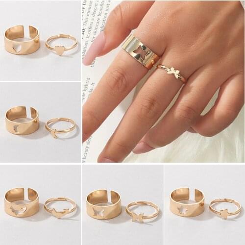 Docona Bohemian Heart Butterfly Joint Midi Ring Sets for Women Open Hollow Moon Star Dolphin Couples Ring Jewelry Accessories