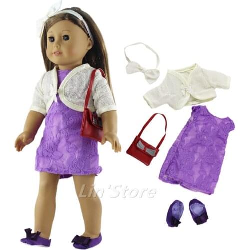 5 PCS Set Doll Clothes Outfit Clothes+bag+shoes for 18" inch American Doll