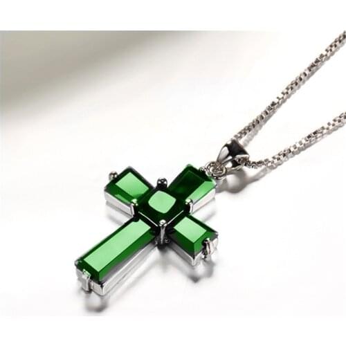 Cross Emerald Pendants Luxurious S925 Streling Silver Color Necklaces Peridot De Emerald Turquoise Bizuteria for Men Women
