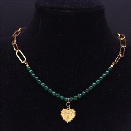 Love Turkey Eye Green Natural Stone Stainless Steel Charm Necklaces Women/Men Gold Color Necklace Jewelry bijoux femme NY45S04