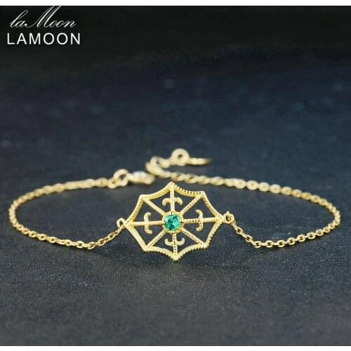 LAMOON Spider Web 2.5mm Round Cut Green Emerald 925 Sterling Silver Jewelry Light Yellow Gold Color Chain Charm Bracelet LMHI032