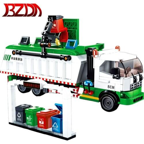 BZDA City Garbage Classification Truck Car 100 Cards Building Blocks DIY Truck Car Trash Can Model Educational Toys For Children