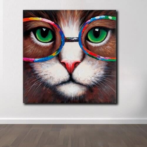 Fashion Pop Art Animal Wall Art Cat-Eyes-Green-With-Glasses Oil Painting Poster Print Canvas Wall Picture for Living Room