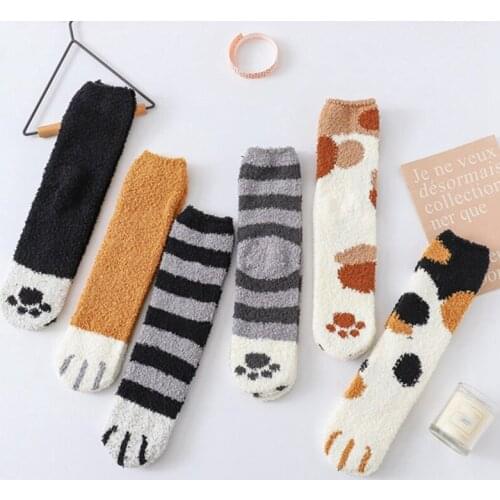 Autumn and Winter Cat Claws 1 Pair of Plush Coral Fleece Socks Cute Thick Warm Sleeping Floor Sleep Socks Female Tube Socks