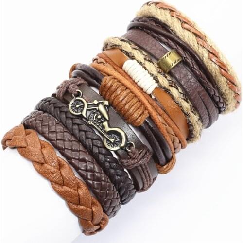 New 10pcs/set Alloy Bat Motorcycle Charm Men Leather Bracelets Women Bangles Femme Homme Male Jewellery Wholesale