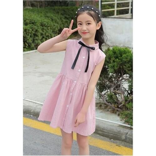 Explosion button bow fashion childrens summer new dress in the collar girls cotton solid color dress in the big childrens skir