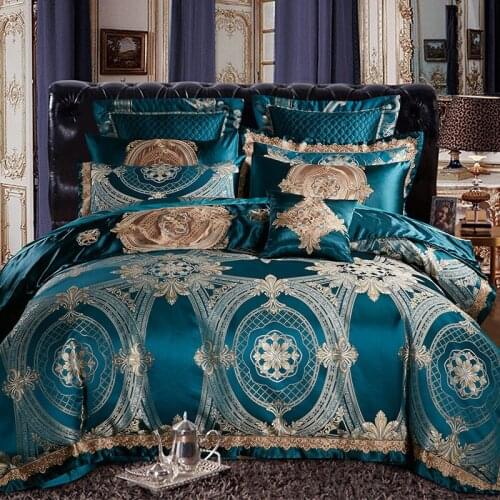 American Style Luxury Bedding Set Jacquard Long Staple Cotton Blue Duvit Cover Sheet Pillowcase King Queen 4/6/8/10 PCS
