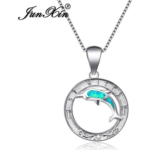 Blue White Fire Opal Dolphin Pendant Necklace Simple Letter Round Necklaces For Women Silver Color Animal Choker Wedding Jewelry