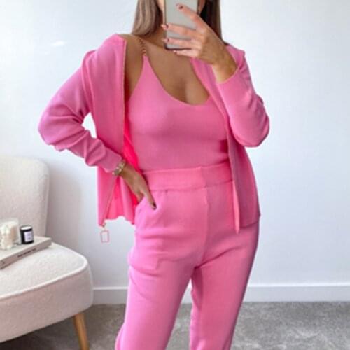 Knitting 3 Piece Set Women Set Outfits Suit Fashion Knitted Lounge Sets Vest Top Jogger Cardigan Home Wear Womens Clothes 2021