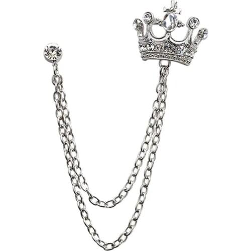 Unisex Chain Tassel Crystal Crown Brooches For Women Silver Jewelry Office Fashion Accessories Man Lapel Pin