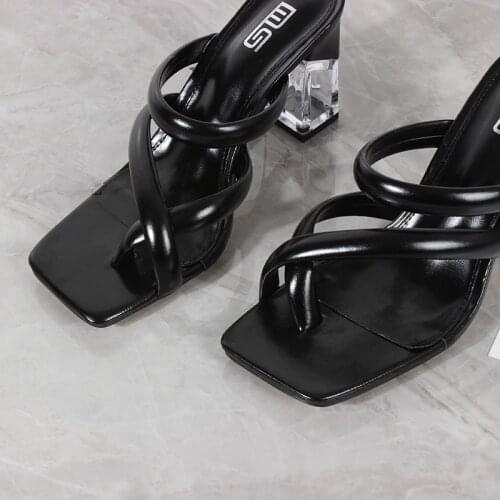 Womens Sandals 2021 Summer New Black PU Set Toe High Heel Women Slippers Square Heel Fashion Comfortable Outside 8.5CM