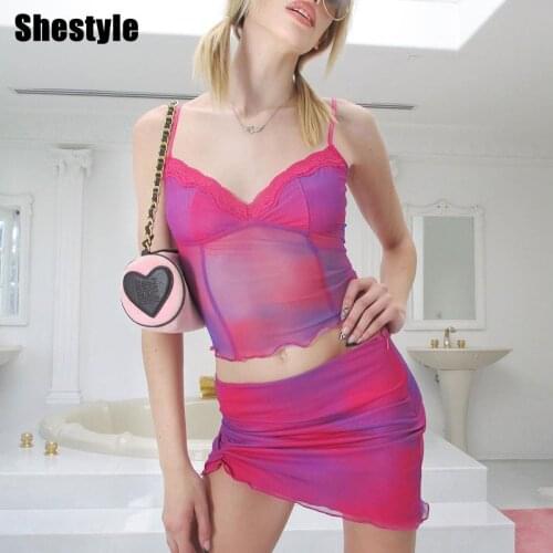 Shestyle Pink 2 Pieces Sets Women 2021 Summer Tie Dye Mesh Lace V Neck Wrap Camis Irregular Sheath Skirts Coloful Outfits