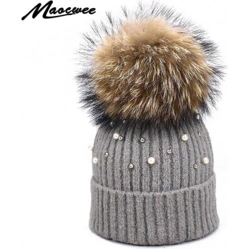 Women Winter Pearl Beanies Hats With Natural Raccoon Fur Pompon Knitted Crochet Soft Cap Elasticity Warm Female Fur Pompom Hat