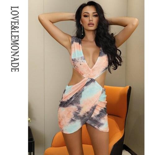 LOVE&LEMONADE Sexy Deep V Neck Open Back Color Print Sequin Material Cross Bodycon Party Dress LM82580