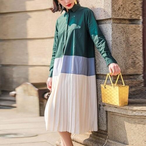 2021 Spring Autumn Contrast Colo Polo Collar Plus Size Slim-Looking Long Sleeve Pleated Mid-Length Dresses Female Vestidos