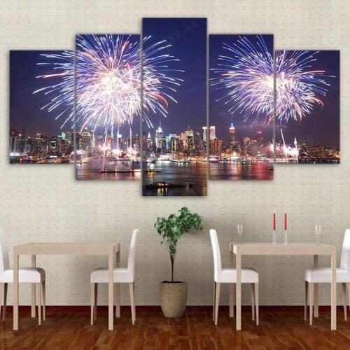 5 Pieces Painting Pictures Canvas Wall Art Busy City Night Poster Firework Home Decoration Personalized