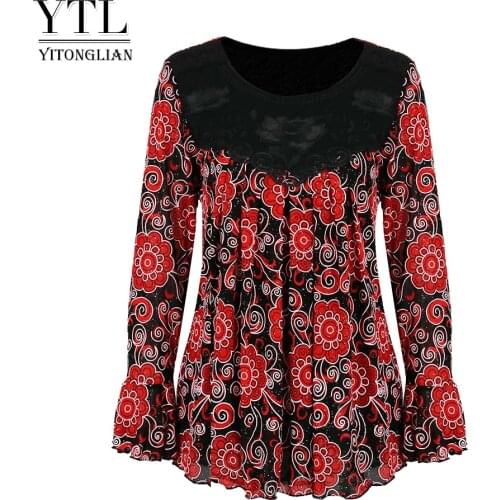 YTL Women 50s Retro Romantic Floral Applique Plus Size Blouse Party Casual Long Sleeve Loose Tops Tunic Female 6XL 7XL 8XL H416