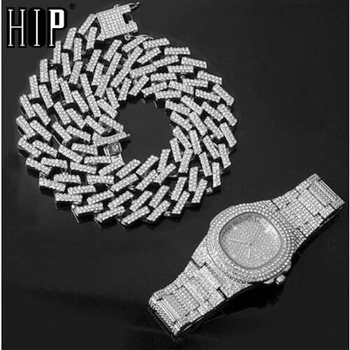 Watch +Chain+Bracelet Hip Hop Bling Iced Out Crystal 15MM Cuban Paved Rhinestone Miami Zircon Mens Necklaces For Men Jewelry