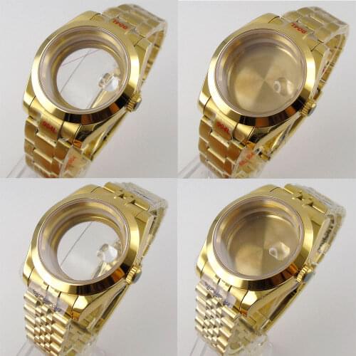 39mm Yellow Gold Sapphire Watch Case For NH35 NH36 Miyota 8215 DG 2813 Fix Bezel Jubilee/Oyster Bracelet Steel/Glass Back