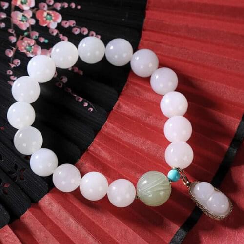 Pure 18K Gold Bracelet Women White Jadeite Beads Bracelet Vintage Bracelet