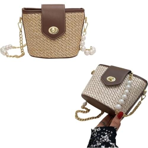 D0LF Women Woven Straw Faux Leather Bucket Bag with Pearl Metal Chain Strap Crossbody Small Shoulder Messenger Handbag Beach