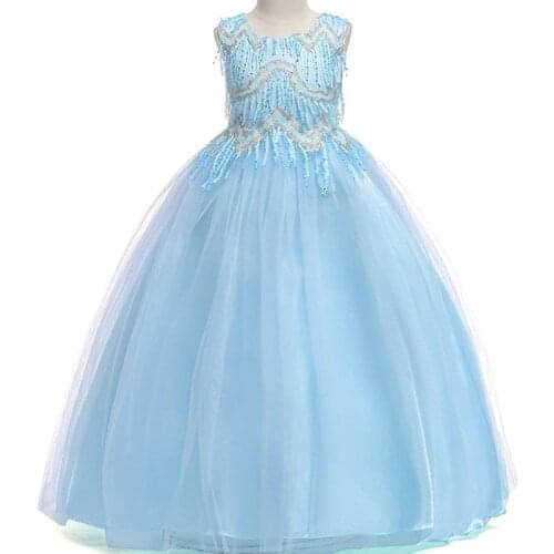 Girls Tassel Wedding Flower Dress kids Elegant Sleeveless Lace Tulle Dres girls Princess Party long Dress baby girls clothing