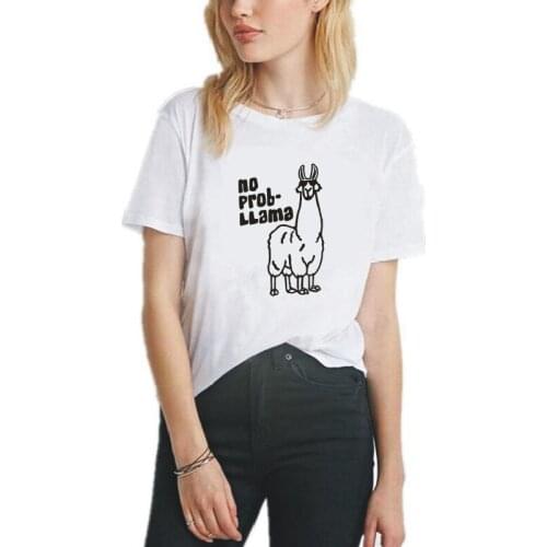 No Prob Llama Pattern Printed T-shirt Summer Casual Harajuku Cotton Tees Outdoor Funny Loose Round Neck Women Tops Tshirts