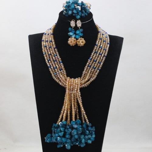 Blue Coral Pendant African Wedding Beads Jewelry Set New Gold Mix Blue Nigerian Beads Necklace Jewelry Set Free Shipping WA489