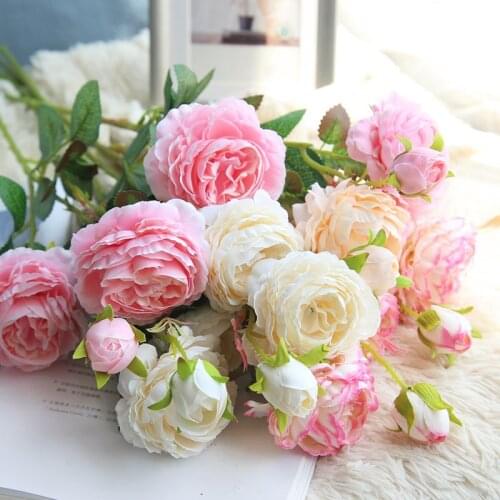 3 Heads Pink Rose Artificial Flowers Silk Peony Bouquet Fake Plants DIY Party Wedding Bride Faux Flower Festival Supplies