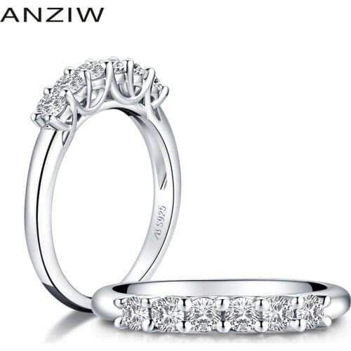 ANZIW Row Drill Wedding Band Ring 925 Sterling Silver Ring Simulated Diamond Engagement Wedding 6-Stones Band Ring Jewelry