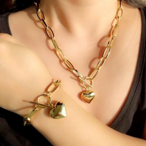 Fashion Gold Color Jewelry Sets Heart Pendant Necklace Link Chain Bracelet women Elegant Wedding dubai African Jewelry Set Gift
