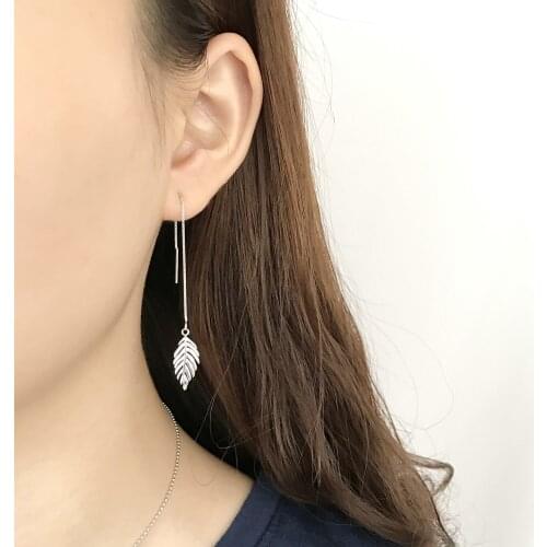 Tiny Leaf Threader Earrings With Long Chain 925 Sterling Silver Best Friend Gift ,Modern S925 Needle Threader Drop Earrings