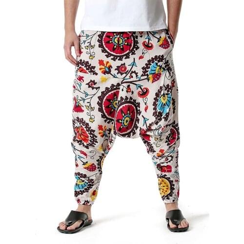 Mens Linen Baggy Hippie Boho Yoga Harem Pants Hipster African Print Joggers Sweatpant Men Hip Hop Streetwear African Clothes XXL