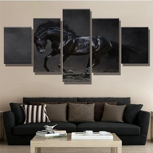 Canvas Art Wall Picture Home Decoration Living Room Canvas 5pcs The Dark Black Horse Print Modern Oil Painting Modern Paintings