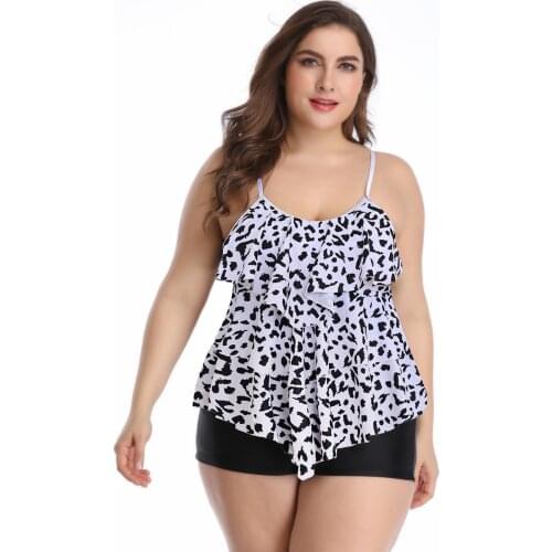 New Swimsuit Women Three-layer Ruffled Printed Bikini Set Plus Size Suspender skirt Boxer Shorts Swimwear Bathing Suit