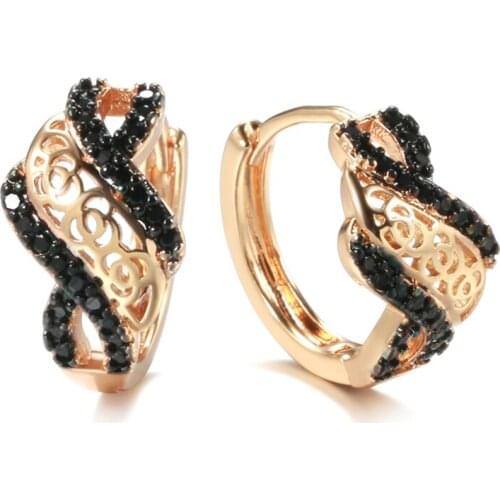 Kinel New Ethnic Bride Wedding Earrings Natural Black Zircon 585 Rose Gold Hollow Flower Earrings for Women Vintage Jewelry