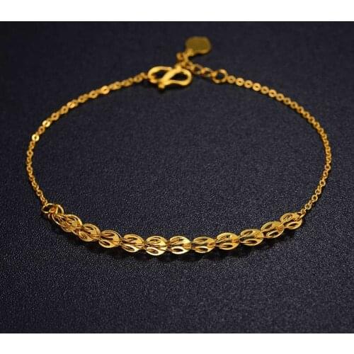 Solid 24K Yellow Gold Bracelet Luck Phoenix Feather with Rolo O Chain Link Bracelet 6.7" 2g