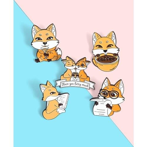 Prajna Fox Coffee Enamel Pin Lover Drink Newspaper Brooches Bag Lapel Pin DIY Cartoon Animal Badge Jewelry Gift for Kids Friends