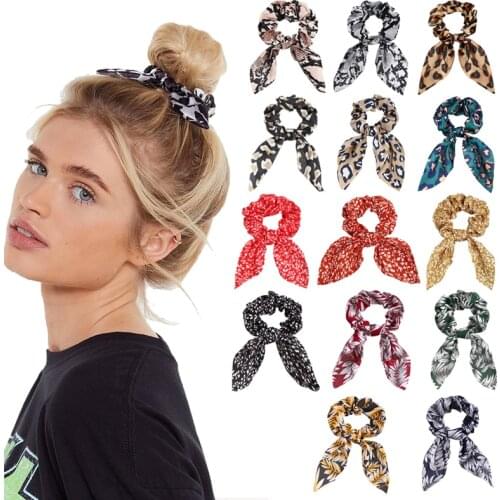Fashion Leopard Spot Striped Chiffon Bow Scrunchies For Women Satin Rabbit Ear Elastic Hair Bands Hair Ties Hair Accessories