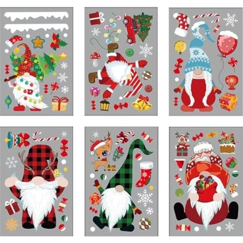 P15D Christmas Window Clings Santa Gnome Tree Window Glass Static Decals Decoration Wall Sticker Party Supplies