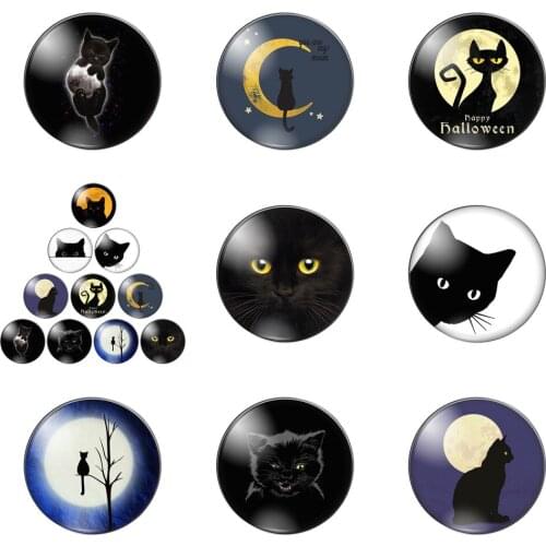 Black Cat with the Moon Cat Eyes 12mm/20mm/25mm/30mm Photo Glass Cabochon Demo Flat Back Making Findings