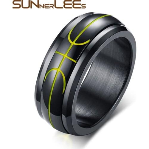SUNNERLEES Titanium Stainless Steel Rings Black Basketball Symbol Spinner Design Smooth Men Fashion Jewelry Gift R-408
