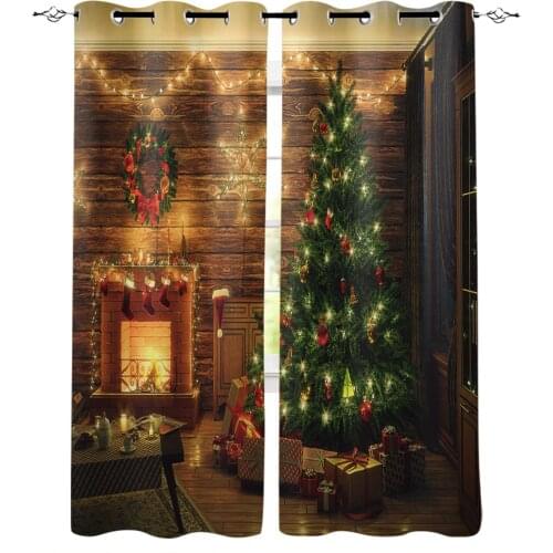 Christmas Room Christmas Tree Fireplace Blackout Curtains for Living Room Modern Shading Window Drapes for Kids Bedroom Kitchen