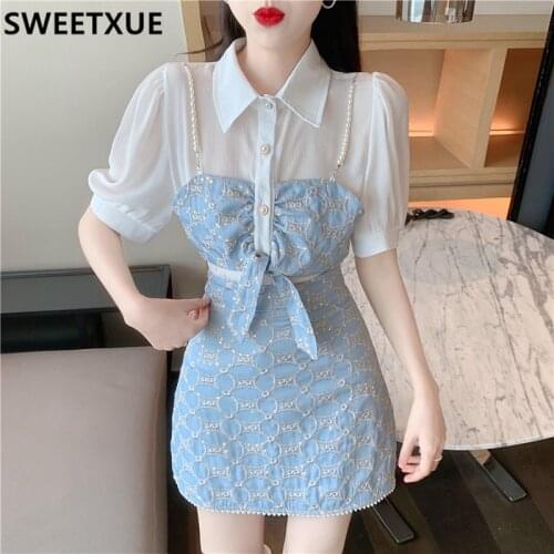 SWEETXUE 2021 Women Summer Suit Temperament Fashion Sweet Short-Sleeved French Stitching Shirt + Embroidered Denim Skirt Sets