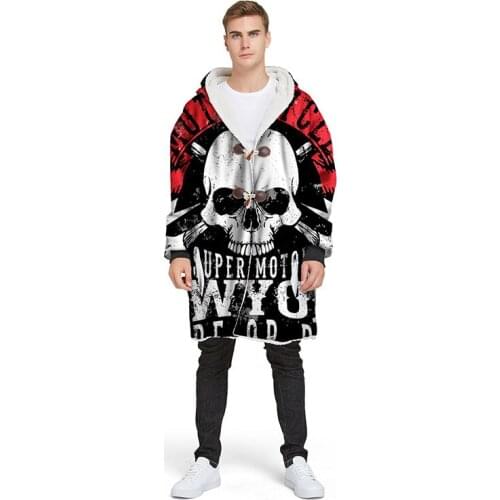 3D Cool Skull Pattern Winter Thick Comfy TV Hooded Blanket Wearable Coat Blanket For Adults Men Button Jacket With Sleeves