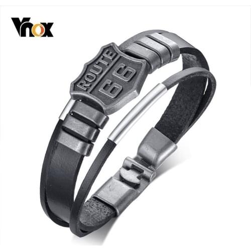 Vnox Stylish US Route 66 Mens Real Leather Bracelet Multi-layer Wrap Bangle Bracelets 8.07"