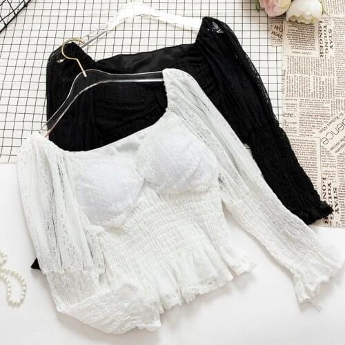 2020 Women Square Collar Puff Sleeve Hollow Out Lace Shirt Elegant Lady Elastic Short Slim Mesh Gauze Voile Ruffles Blouse Tops