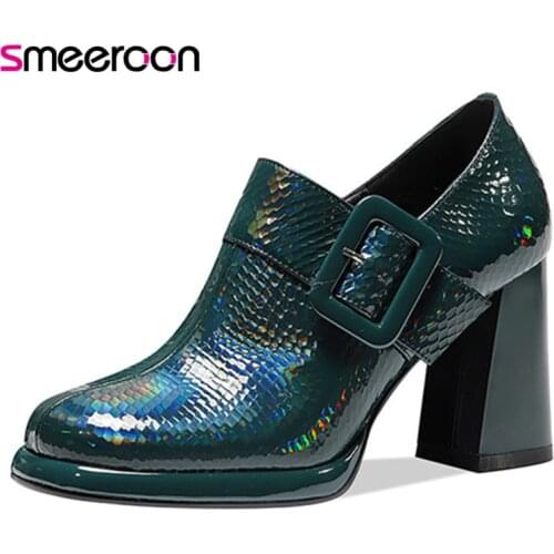 Smeeroon 2021 Top Quality Genuine Leather Single Shoes Women Pumps Buckle Zip Round Toe Elegant High Heels Dress Shoes Woman