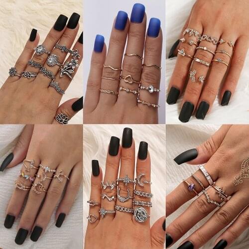 Boho Gold Star Moon Crown Rings Set For Women Vintage Crystal Stone Midi Finger Jewelry 2020 Female New Years Christmas Gift